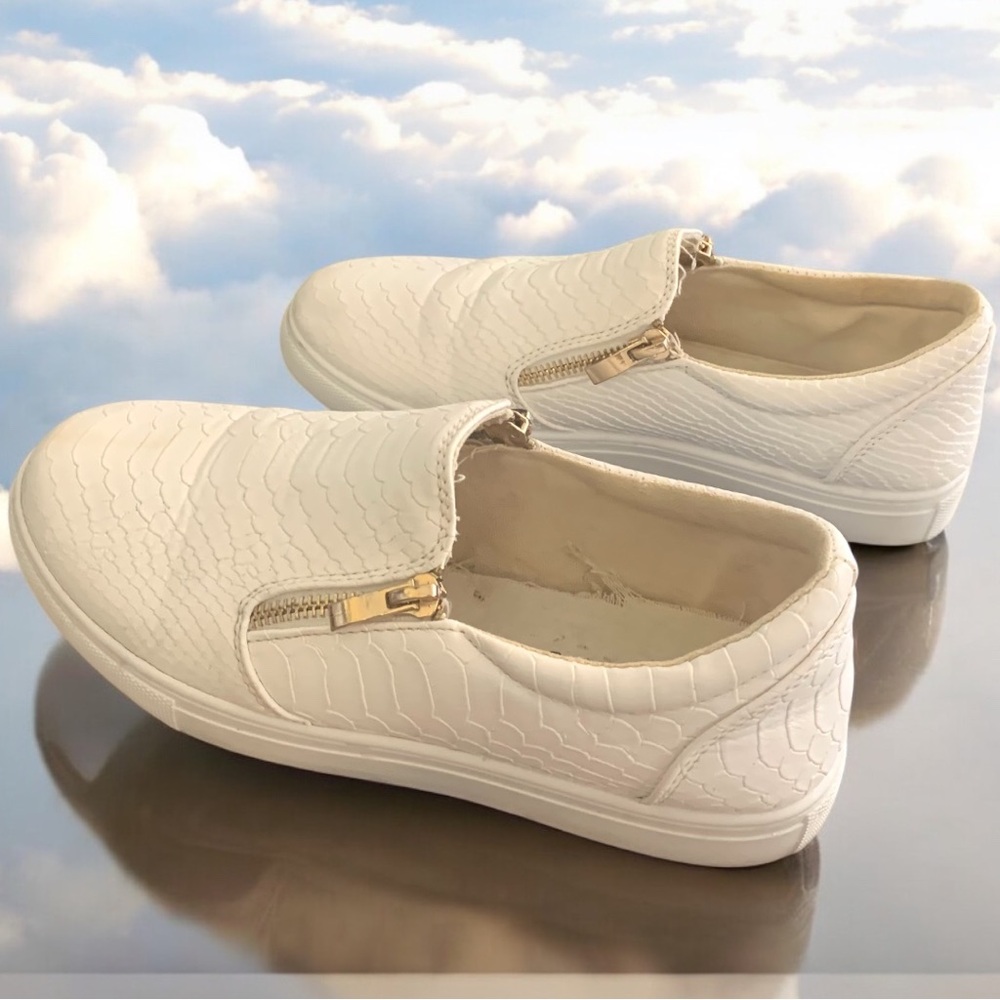 Krush white Faux snakeskin slip on side zip Sneakers Minimalist Design